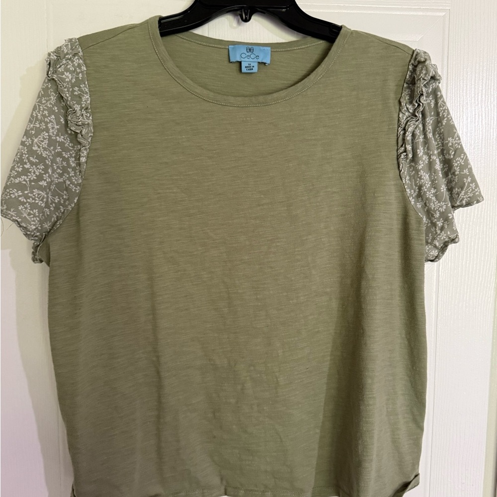 CeCe Sage Green Top with Floral Accents